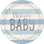 Plate Blue Silver Welcome Baby - Pack 8