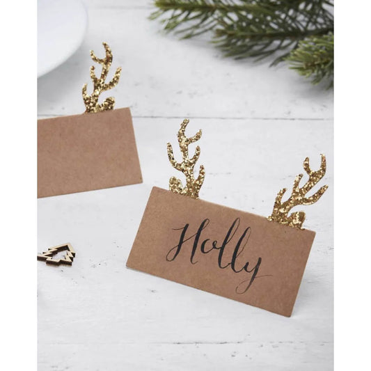 10 Gold Glitter & Kraft Antler Place Cards